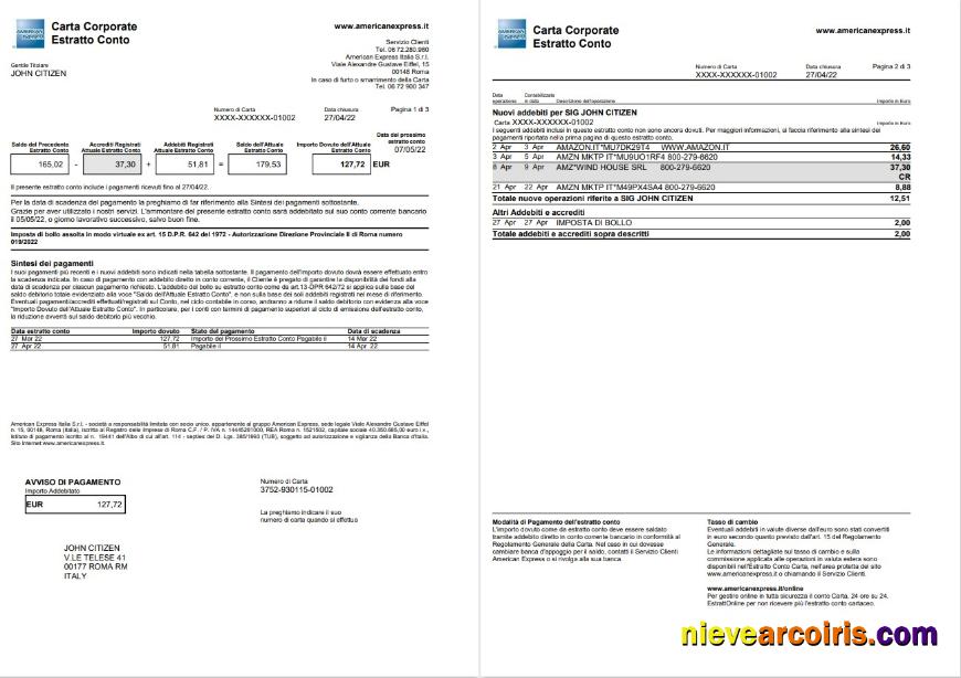 Italy American Express Amex card statement 3 pages